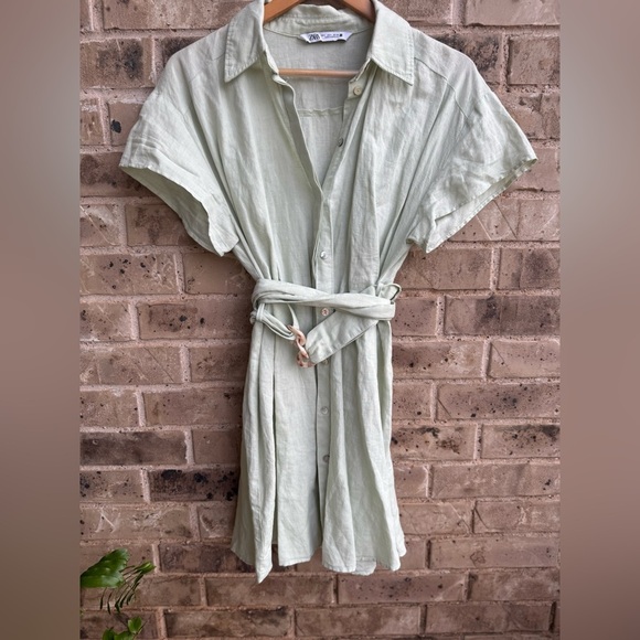 Zara Green Linen Collar Belted Dolman Sleeve Mini Dress - Picture 5 of 10